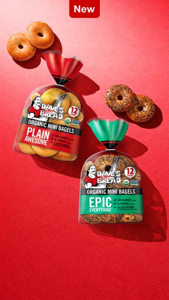An image ad showcasing two flavors of Dave's Killer Bread Organic Mini Bagels: Plain Awesome and Epic Everything.