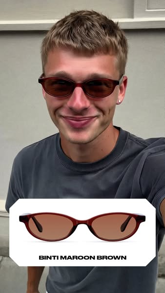 This ad features a person wearing a pair of Binti Maroon Brown sunglasses. A product tile appears in the lower portion o