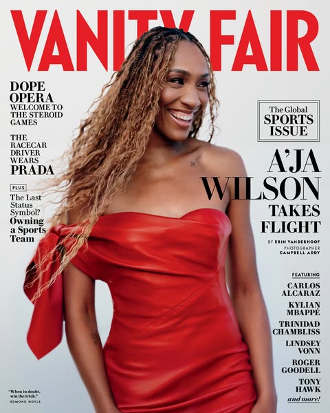 This ad is the cover of Vanity Fair's Global Sports Issue, featuring A'ja Wilson in a red dress. The cover promo