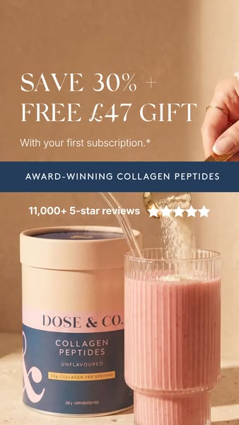 This image ad for Dose & Co. Collagen Peptides highlights the product, its award-winning status, and positive review