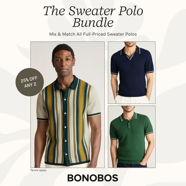 The ad promotes Bonobos sweater polos. The image displays the headline "The Sweater Polo Bundle" and displays 