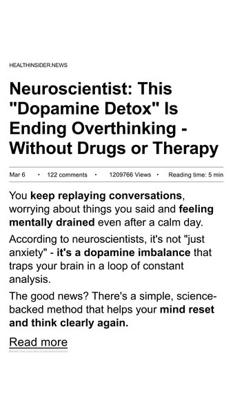 Ad for an article on Health Insider News about a Dopamine Detox to end overthinking without the use of drugs or therapy.