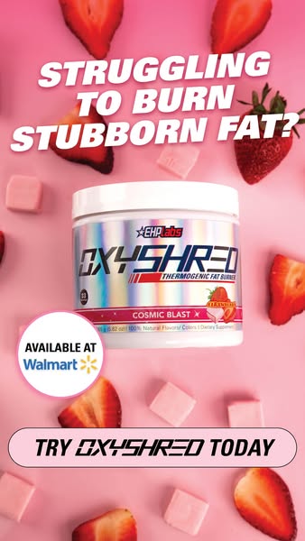 This image ad for EHPlabs' Oxyshred advertises the product's benefits for stubborn fat burning and indicates tha