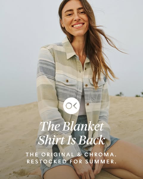 This image ad announces the return of the Chroma Blanket Shirt for the summer season. It features a light skinned model 