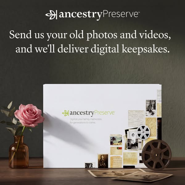 The ad promotes a service to digitize old photos and videos to create digital keepsakes.