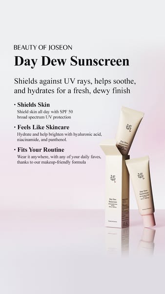 This image ad highlights the Beauty of Joseon Day Dew Sunscreen, emphasizing its ability to shield skin from UV rays, so