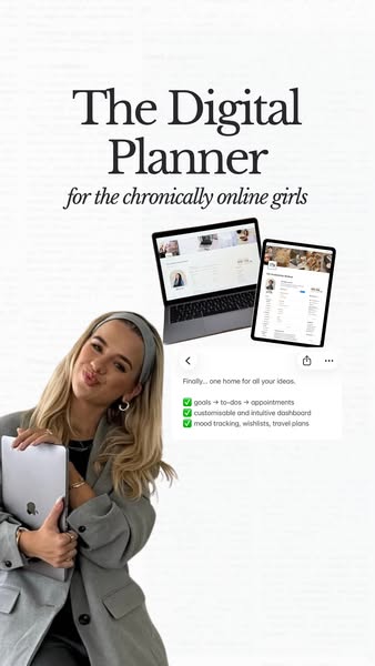 This ad promotes a digital planner. It highlights features of the planner such as goal setting, mood tracking and custom