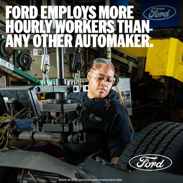 This image ad highlights the Ford company's commitment to supporting its workforce by being the automaker that emplo
