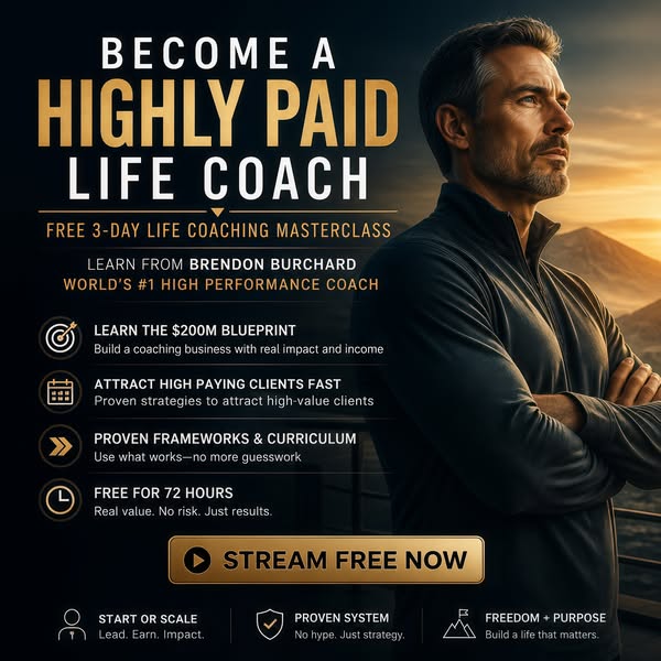 This is an advertisement for Brendon Burchard's 3-day life coaching masterclass. It leverages an image of Brendon an