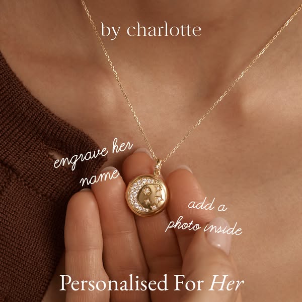 Close up of a locket necklace with callouts to the personalization capabilities.