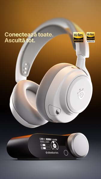 The ad displays Steelseries headphones and an audio connector against a neutral background, along with ad copy in Romani