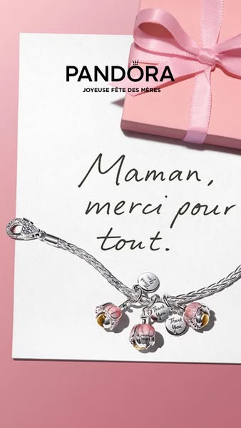 This static image ad for Pandora jewelry promotes the Pandora rose floral collection as a gift for Mother's Day.