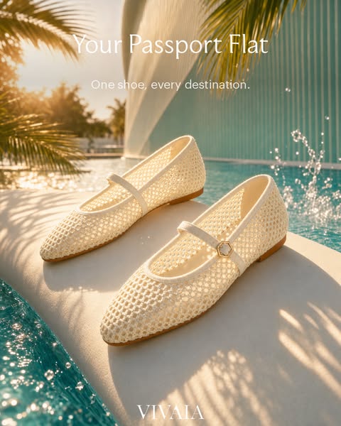 The image ad showcases Vivaia flats in front of a pool. The text overlay describes them as passport flats and says one s