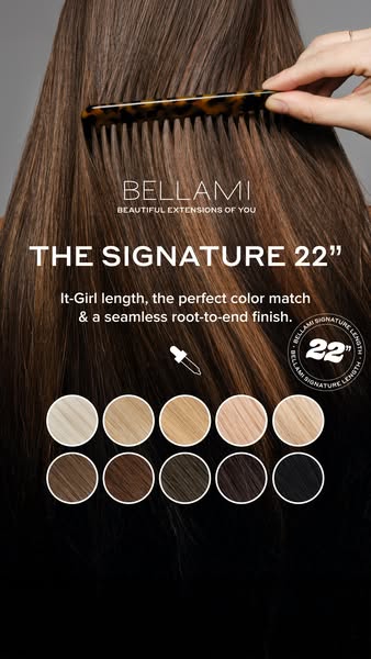 This image ad is for Bellami hair extensions. The ad emphasizes the brand's 'Signature 22' extensions, highl