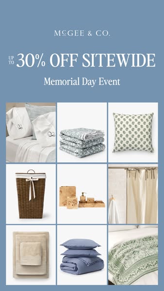 This image ad for McGee & Co. promotes their Memorial Day Event, offering up to 30% off sitewide. The ad features a 
