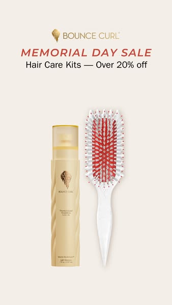 This ad for Bounce Curl promotes a Memorial Day Sale on hair care kits with over 20% off. The image features a bottle of
