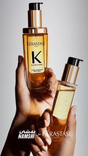 This ad shows two bottles of Kérastase hair oil being held. The ad promotes the product as well as where to buy it from.
