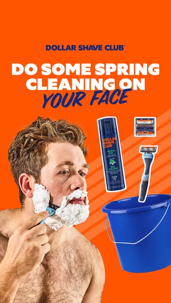This Dollar Shave Club image ad is promoting their shave gel and razor. A fair-skinned man with foam on his face and nec