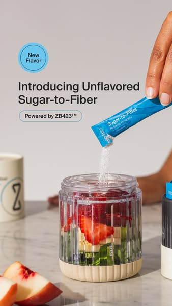 This ad introduces the unflavored version of Sugar-to-Fiber, highlighting how it can turn the sugar from your fruit into