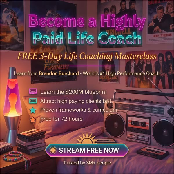 The ad promotes a free 3-day life coaching masterclass by Brendon Burchard. The ad uses a vintage aesthetic to grab atte