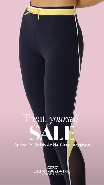 This image ad for Lorna Jane activewear features their Sprint To Finish Ankle Biter Leggings and announces a sale.