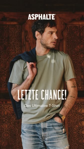 An image ad for Asphalte clothing featuring a man wearing their ultimate t-shirt. The ad emphasizes that this is the las