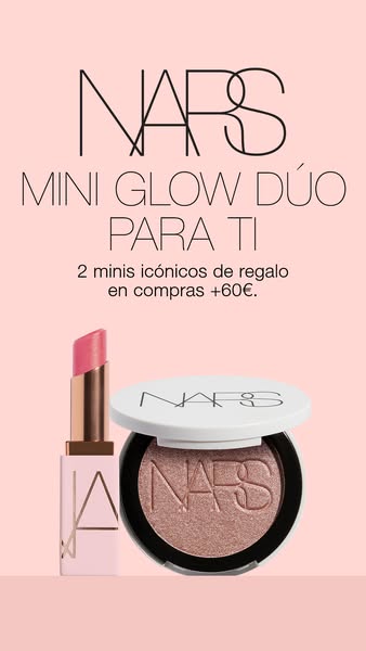 The image promotes a NARS mini glow duo makeup set. The text says that you get 2 iconic mini products for free when you 