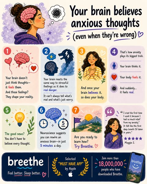 This image ad breaks down the relationship between anxiety and thoughts. The ad shares tips and suggestions on how to re