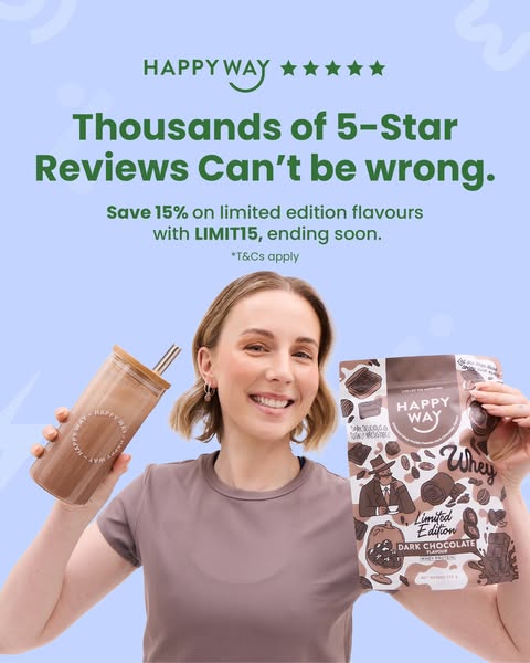 An image ad promoting Happy Way's limited edition dark chocolate whey protein. The ad features an influencer holding