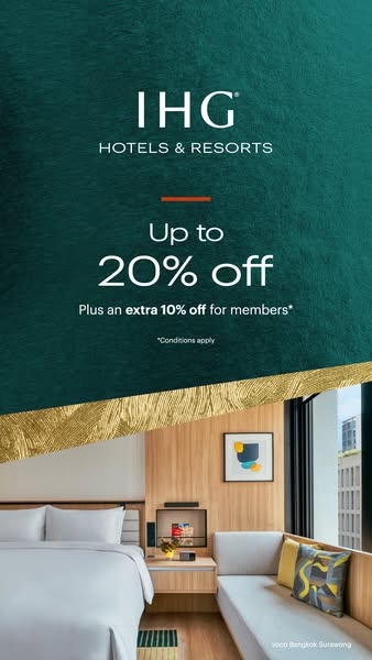 This image ad promotes IHG Hotels & Resorts and offers a discount of up to 20% off, with an additional 10% off for m