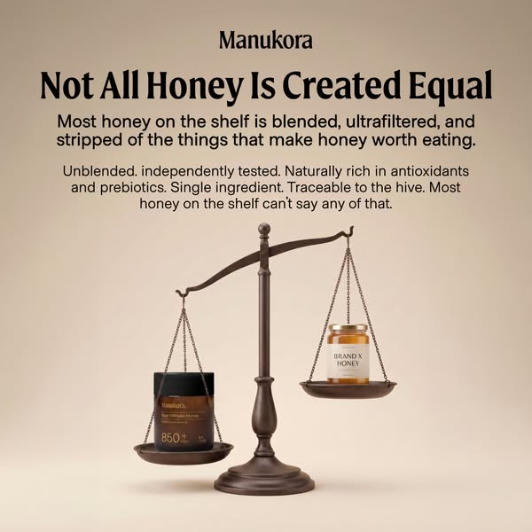 This ad uses a scale metaphor to convey the difference between the Manukora honey and other brands of honey, highlightin