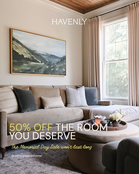 This image ad for Havenly promotes a Memorial Day sale, offering 50% off on room designs. The ad features a stylishly de