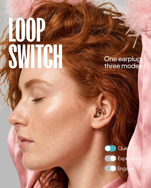 Image ad highlighting the Loop Switch earplugs featuring an image of a person wearing the earplugs with the text "L