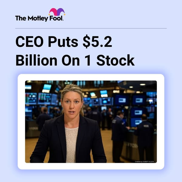 The ad shows a news anchor providing financial information about a CEO who put $5.2 billion on one stock.