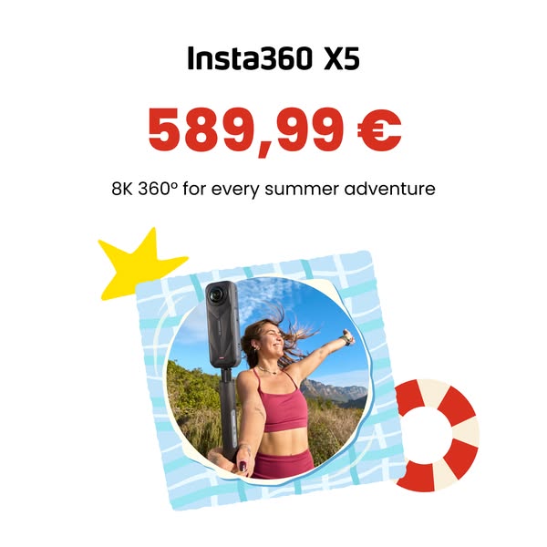 The ad promotes the Insta360 X5 camera for capturing 8k 360° videos during summer adventures. It features a photo of the