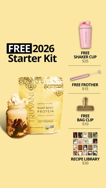 The image promotes a Truvani plant-based protein starter kit by offering a variety of free accessories with purchase. Th
