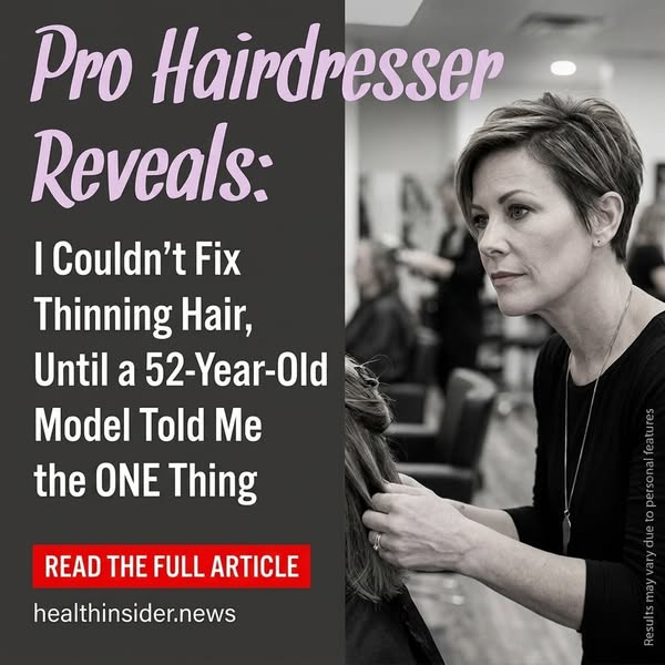 An image ad featuring a hairdresser who reveals a tip she learned from a 52-year-old model for fixing thinning hair, pro