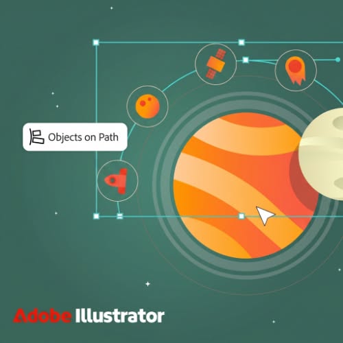 This ad showcases the Adobe Illustrator 'Objects on Path' feature, displaying how one can select different objec
