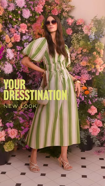 This image ad promotes New Look's dresses for occasions, showcasing a woman in a green and white striped dress in fr