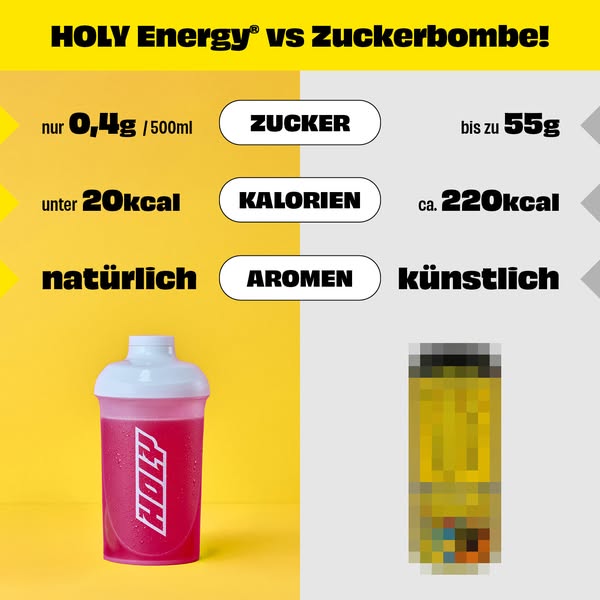 This image ad visually compares the nutritional information for Holy Energy to a generic energy drink, highlighting the 