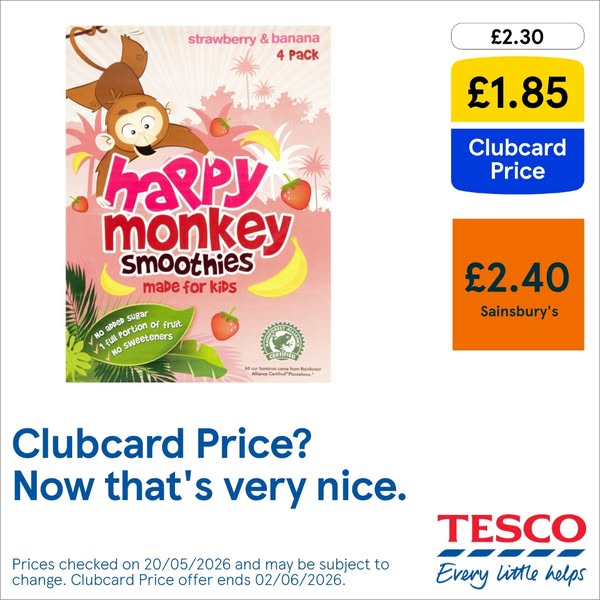 This ad for Happy Monkey Smoothies targets parents with an emphasis on convenience and taste. The ad highlights the smoo