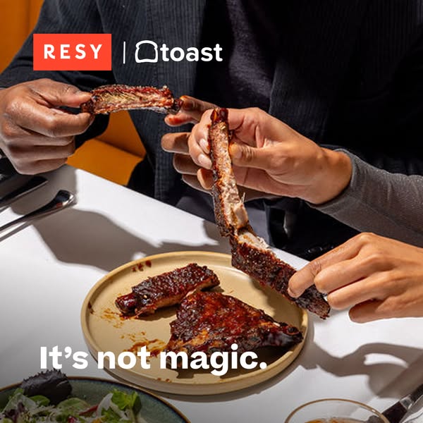 This image ad for Resy and Toast shows people eating ribs. The headline says, 'It's not magic.'