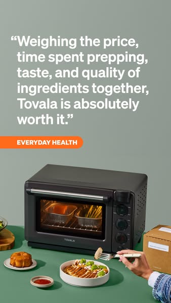 The ad shows the Tovala smart oven, accompanied by food that was likely prepared using the oven. A testimonial is provid