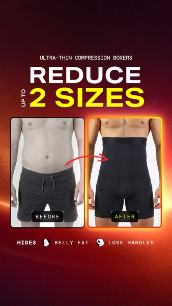 This image ad promotes ultra-thin compression boxers that reduce up to two sizes. The ad features a before and after pho