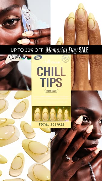 This image ad showcases Chill Tips press-on nails, highlighting their 'Total Eclipse' design and promoting a Mem