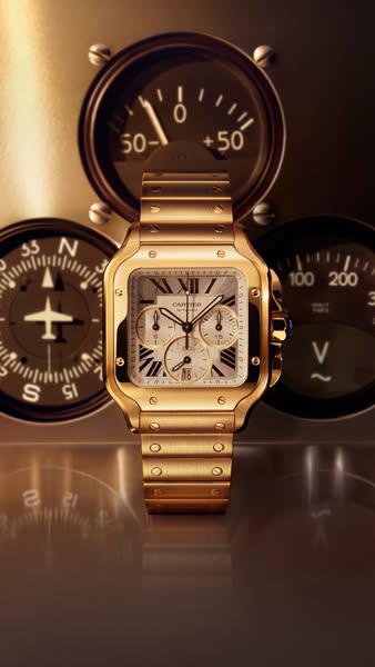This ad features a close up shot of a gold Cartier watch with analog gauges in the background.