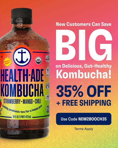 This image ad promotes Health-Ade Kombucha with a limited-time offer for new customers. It features a close-up shot of a
