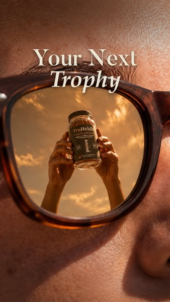 This image ad for TruHeight vitamins uses a clever mirror effect and the headline 'Your Next Trophy' to suggest 