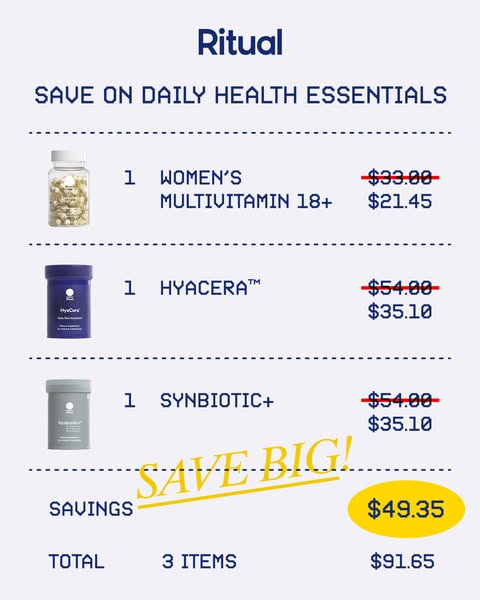 This image is a Meta ad from Ritual, advertising a savings on daily health essentials. The ad features three Ritual prod