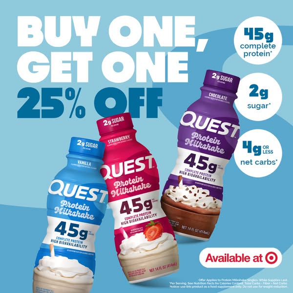 This ad promotes Quest Protein Milkshakes with a buy-one-get-one 25% off offer. The ad features three different flavors